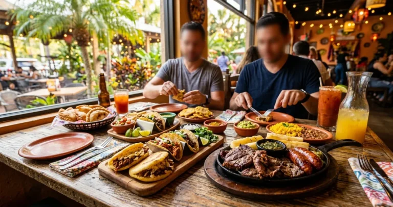 Restaurantes hispanos en Orlando, Florida: mesa con platos típicos latinos como arepas, tacos y parrillada