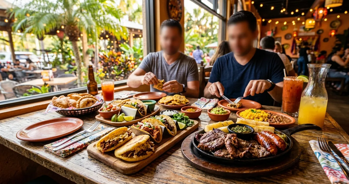 Restaurantes hispanos en Orlando, Florida: mesa con platos típicos latinos como arepas, tacos y parrillada
