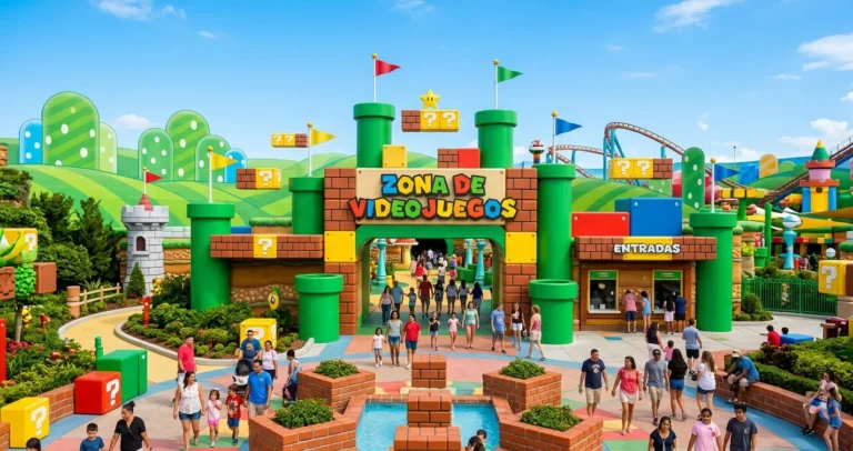 Parque de Mario Bros en Orlando - Zona temática Super Nintendo World con tuberías verdes y bloques en Epic Universe