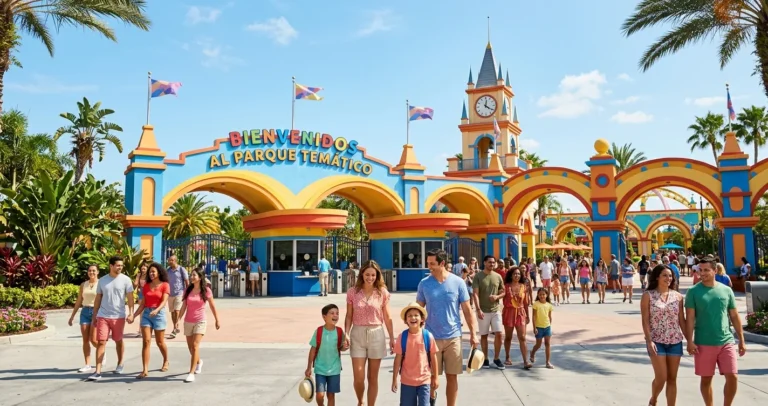 Entradas a Universal Studios en Orlando - Entrada de parque temático con palmeras y cielo azul en Florida