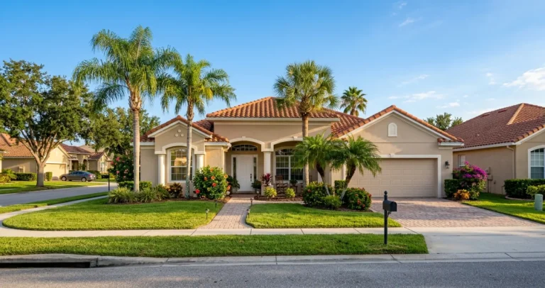 Seguro de hogar en Orlando Florida - Casa suburbana con techo de tejas y palmeras