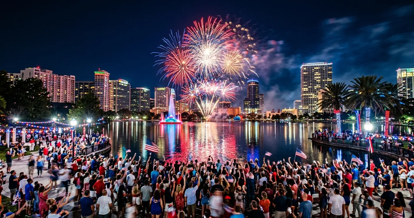 Eventos en Orlando en julio 2026: fuegos artificiales del 4 de julio sobre el skyline nocturno del centro de la ciudad reflejados en un lago