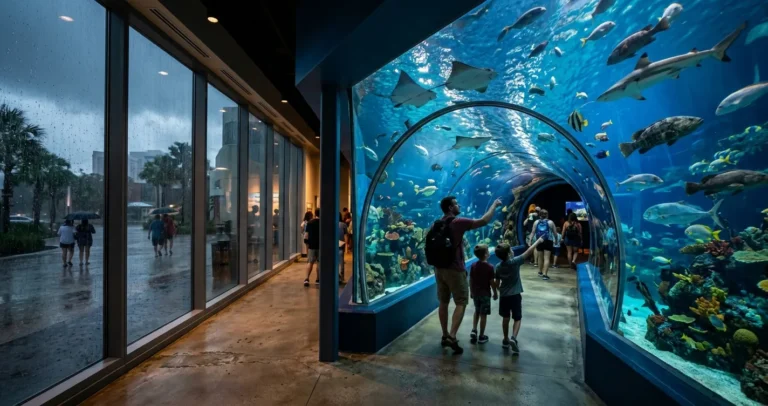 Actividades indoor en Orlando: interior de un acuario climatizado con túnel de cristal y peces tropicales, ideal para visitar cuando llueve en verano