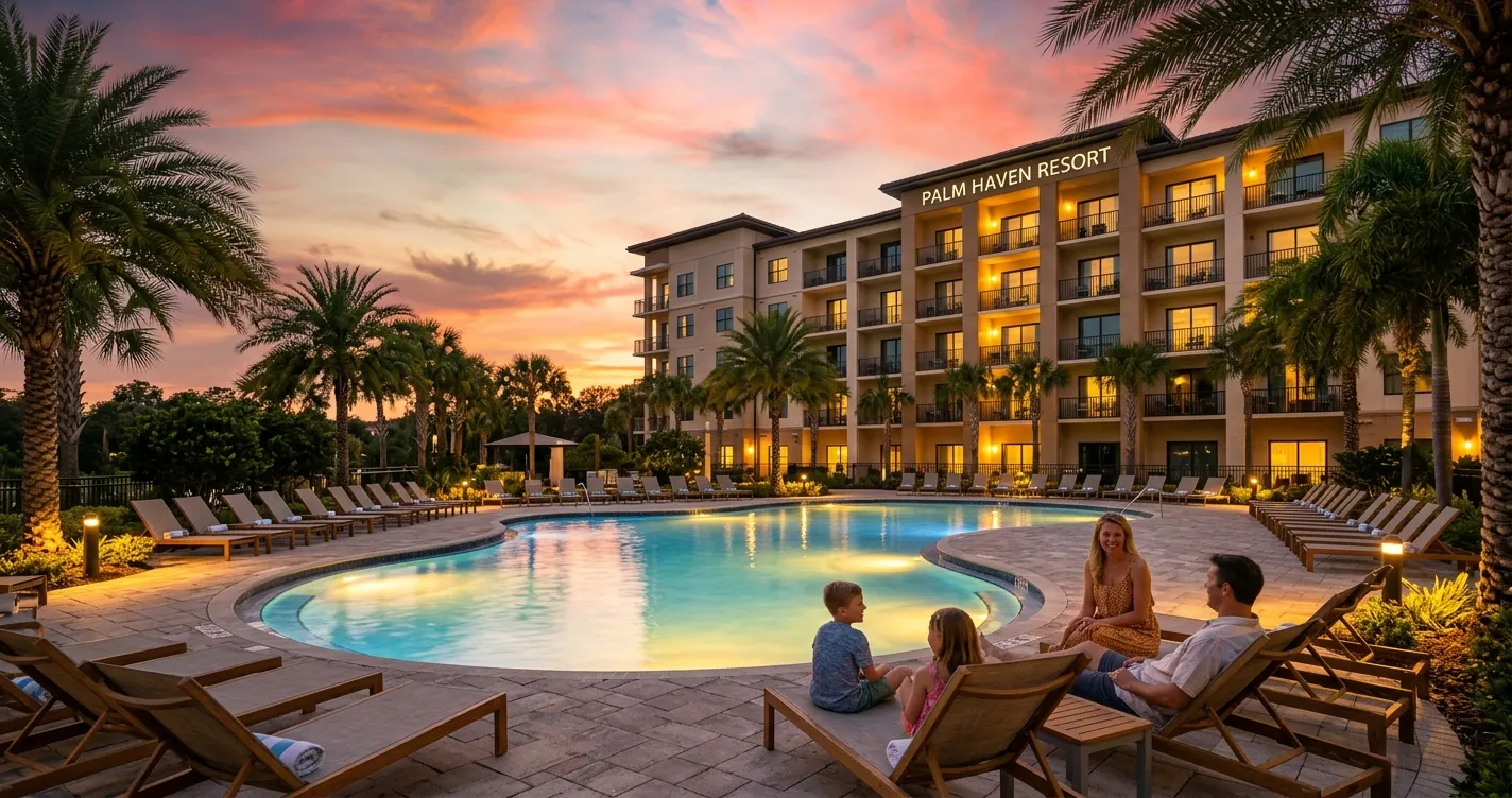 Hoteles cercanos a los parques de Disney en Orlando: hotel con piscina iluminada al atardecer y palmeras en zona turistica