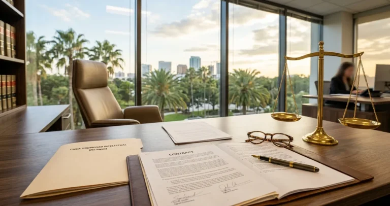 Abogados de divorcio en Orlando en español: escritorio de despacho legal con balanza de la justicia y documentos