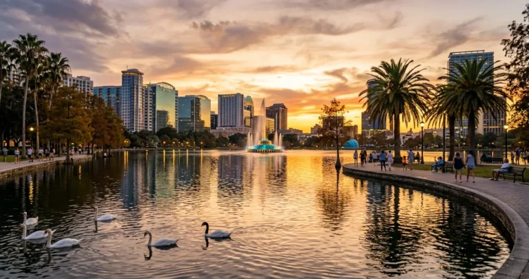 Lugares que visitar en Orlando gratis: parque urbano con lago, fuente iluminada y cisnes al atardecer