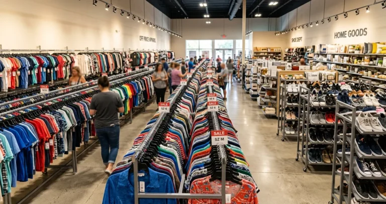 Tiendas Ross en Orlando: interior de tienda de descuento con pasillos de ropa y zapatos de marca