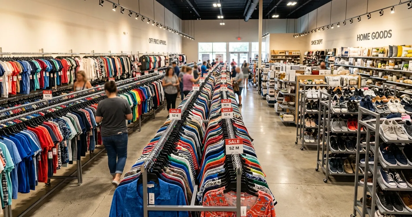 Tiendas Ross en Orlando: interior de tienda de descuento con pasillos de ropa y zapatos de marca