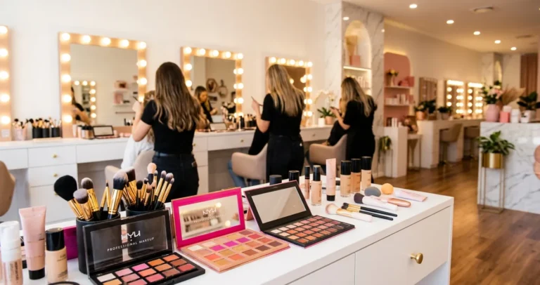 Cursos de maquillaje en Orlando Florida - estación de maquillaje profesional con espejos iluminados y brochas
