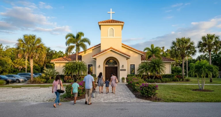 Iglesias hispanas en Orlando Florida - Iglesia comunitaria con palmeras y familias llegando al servicio