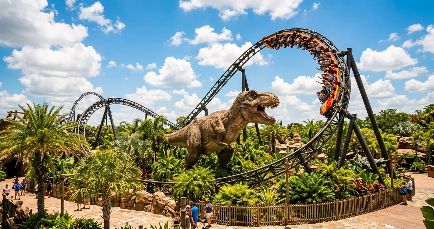 Parque jurásico en Orlando - Montaña rusa y dinosaurios en zona temática de Islands of Adventure