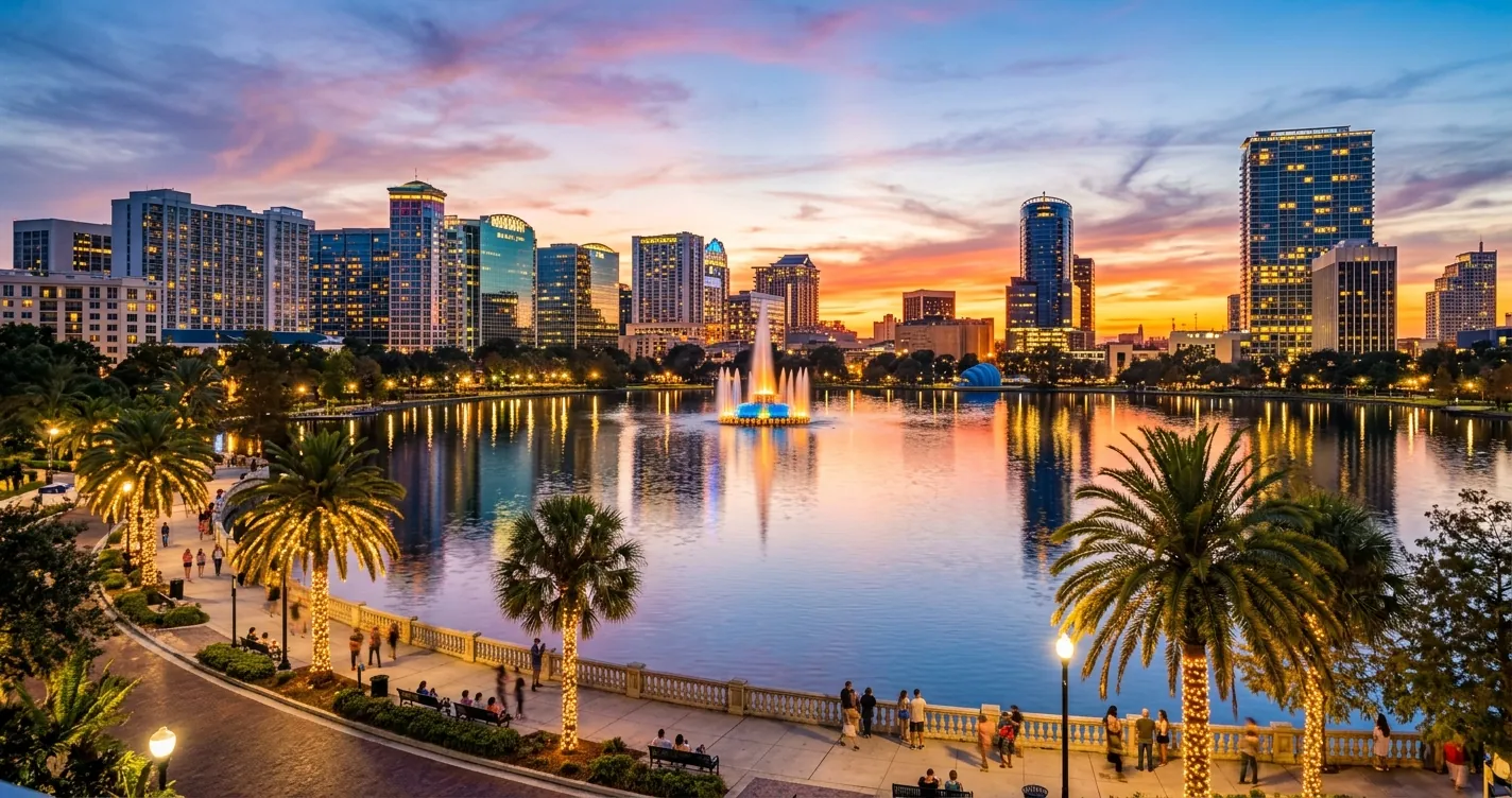 Qué hacer en Orlando downtown - Skyline del centro de Orlando y la fuente de Lake Eola al atardecer