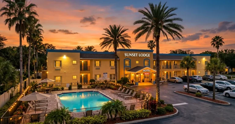 Hoteles baratos en Orlando cerca de Disney - Hotel económico con piscina y palmeras en Florida