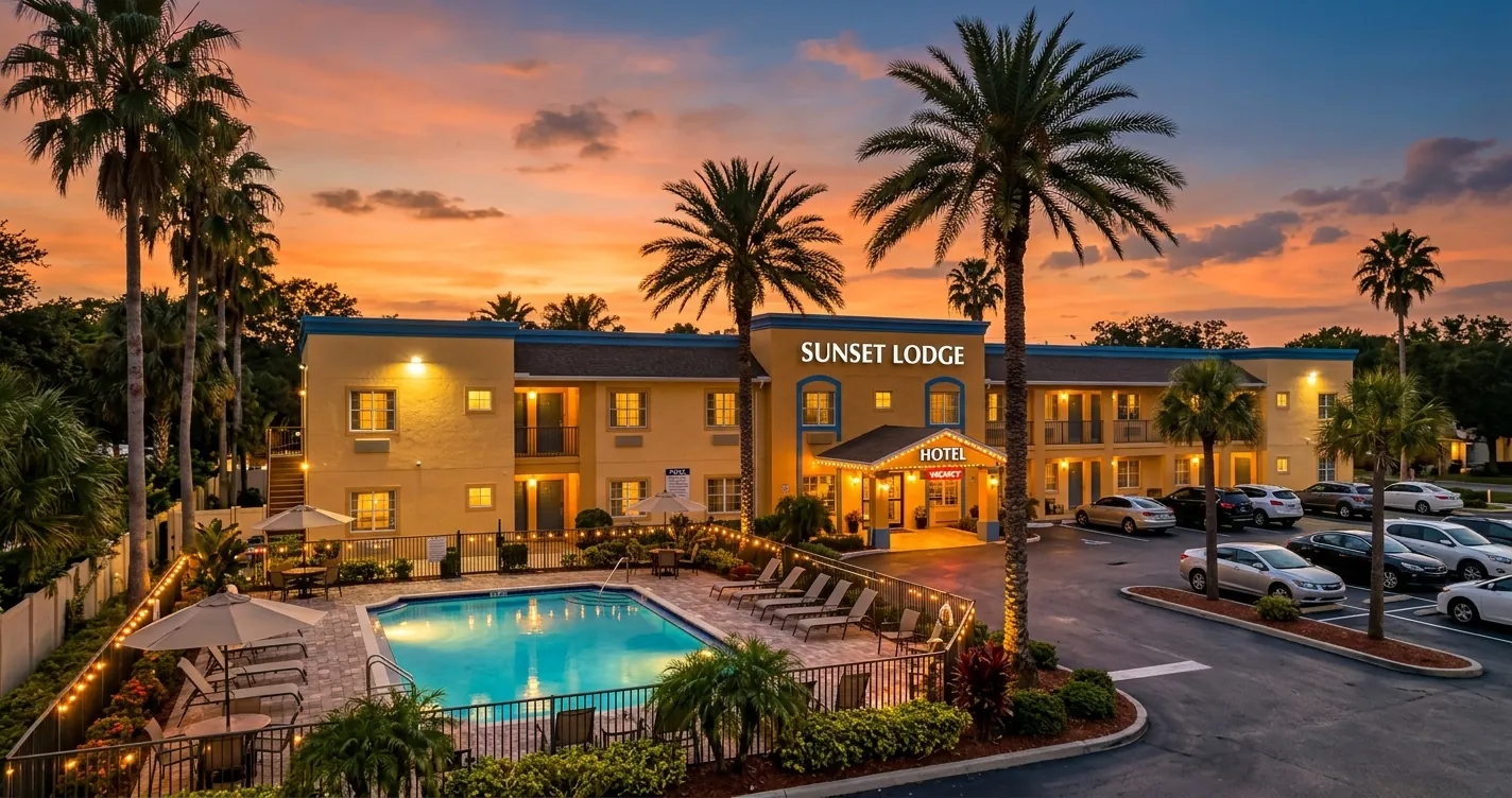 Hoteles baratos en Orlando cerca de Disney - Hotel económico con piscina y palmeras en Florida