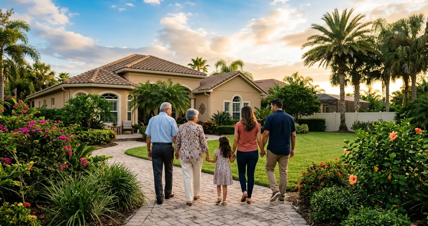 Seguro de vida en Orlando Florida - Familia hispana frente a su casa en un vecindario de Orlando