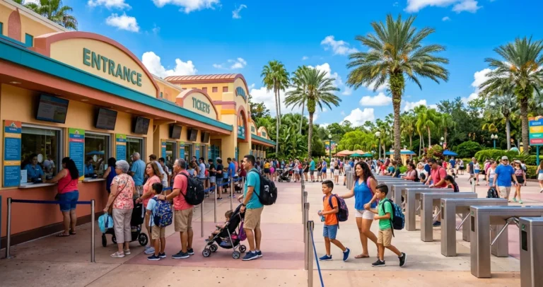 Precios de los parques en Orlando - Entrada de un parque temático en Florida con visitantes comprando entradas