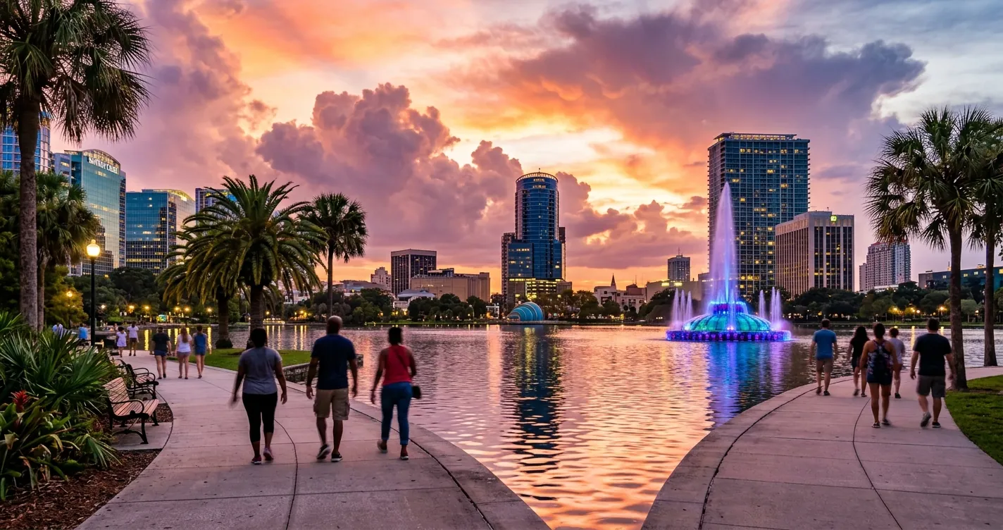 Eventos en Orlando en agosto 2026 - Atardecer de verano en el parque del centro de Orlando con fuente y palmeras