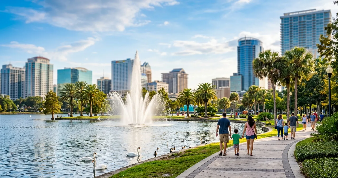 Qué hacer en Orlando Florida gratis - Parque urbano con lago, fuente y palmeras en el centro de Orlando
