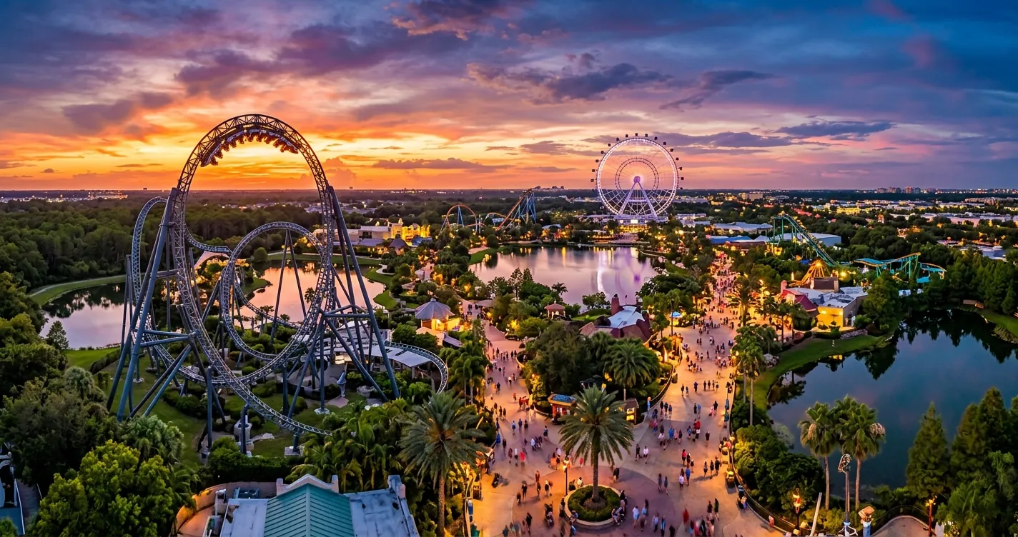 Parques de diversión en Orlando Florida - Vista panorámica de montañas rusas y atracciones al atardecer