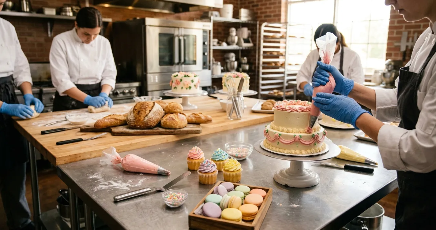 Cursos de repostería en Orlando FL - Estudiantes decorando pasteles en un taller profesional de pastelería