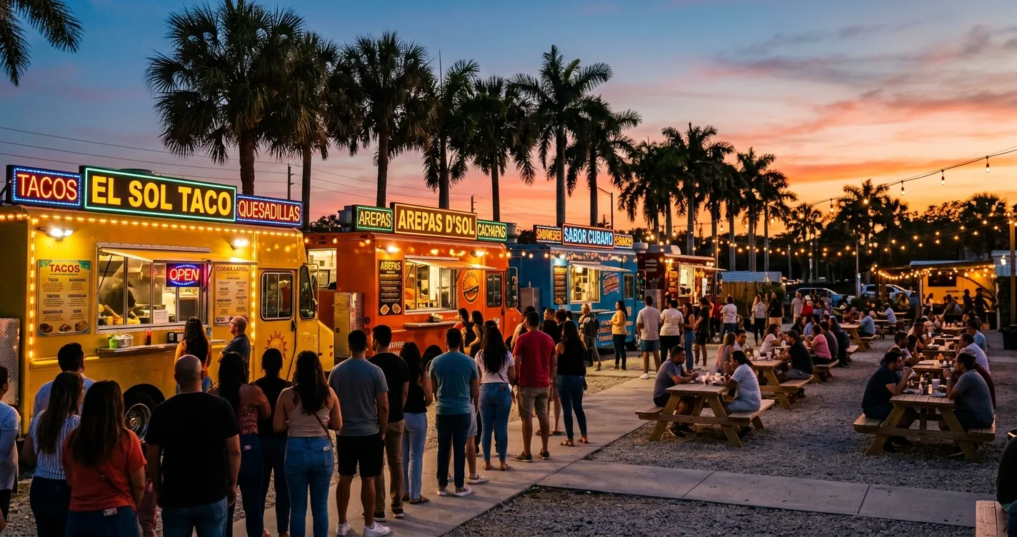 Food trucks latinos en Orlando Florida - Parque de camiones de comida callejera al atardecer