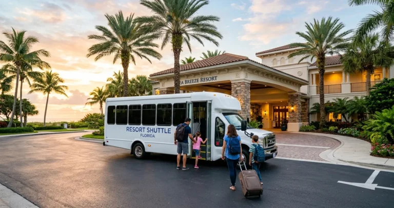Hoteles con transporte a los parques en Orlando - Bus shuttle esperando huéspedes frente a un resort con palmeras