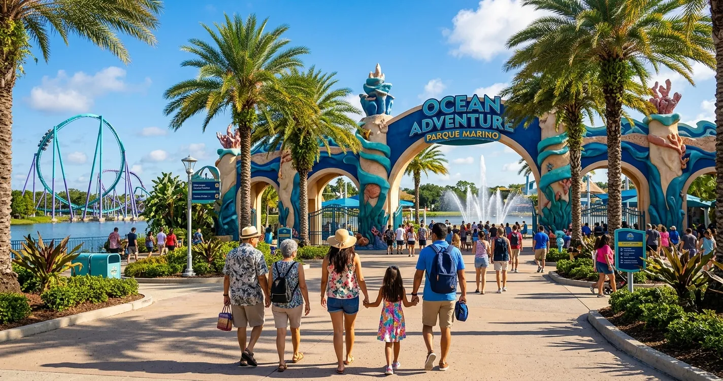 Precio entradas a SeaWorld en Orlando: entrada del parque marino con familia y palmeras en un día soleado
