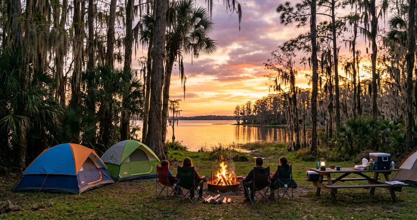 Dónde acampar cerca de Orlando Florida - Campamento con carpas y fogata junto a un lago al atardecer