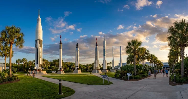 Visitar la NASA en Orlando - Jardín de cohetes del Kennedy Space Center entre palmeras bajo cielo azul
