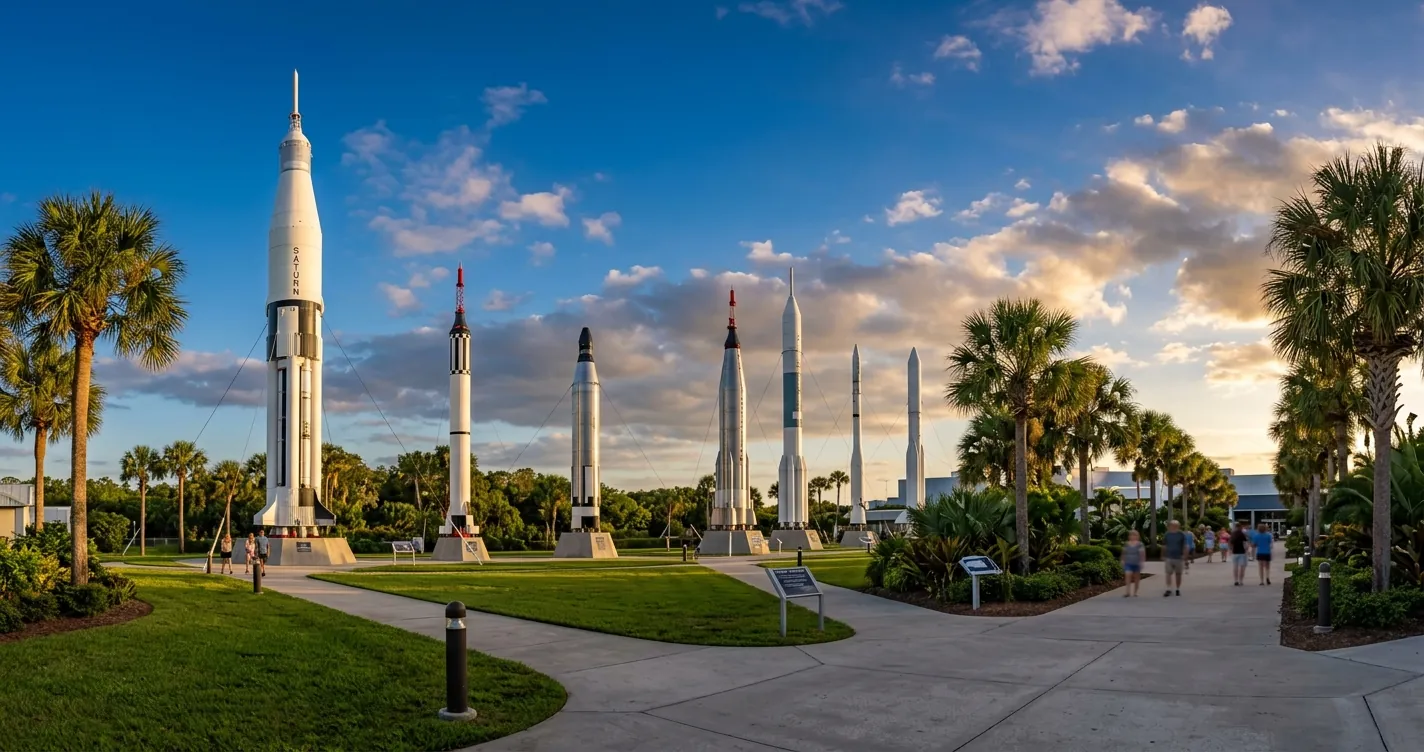 Visitar la NASA en Orlando - Jardín de cohetes del Kennedy Space Center entre palmeras bajo cielo azul
