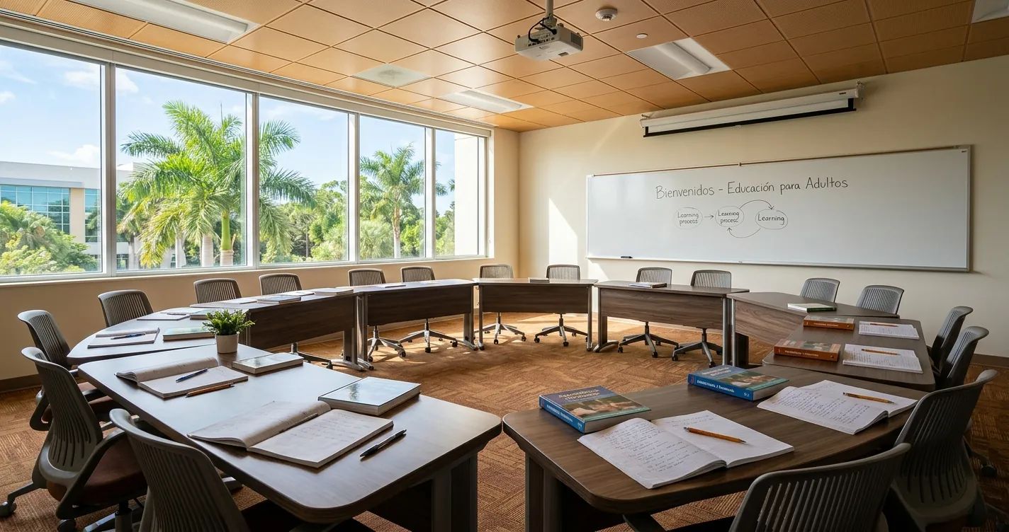 Curso de inglés gratis en Orlando Florida - Aula de clases ESOL para adultos con luz natural y palmeras al fondo