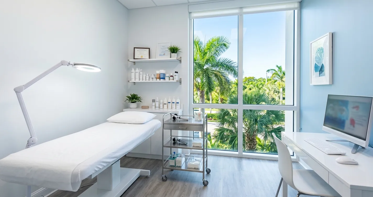 Dermatólogo en Orlando que hable español - Consultorio dermatológico moderno con camilla de examen y luz natural en Florida