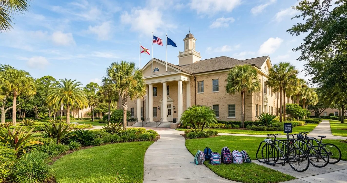 Escuelas privadas en Orlando Florida - Campus de colegio privado con jardines y palmeras en un día soleado