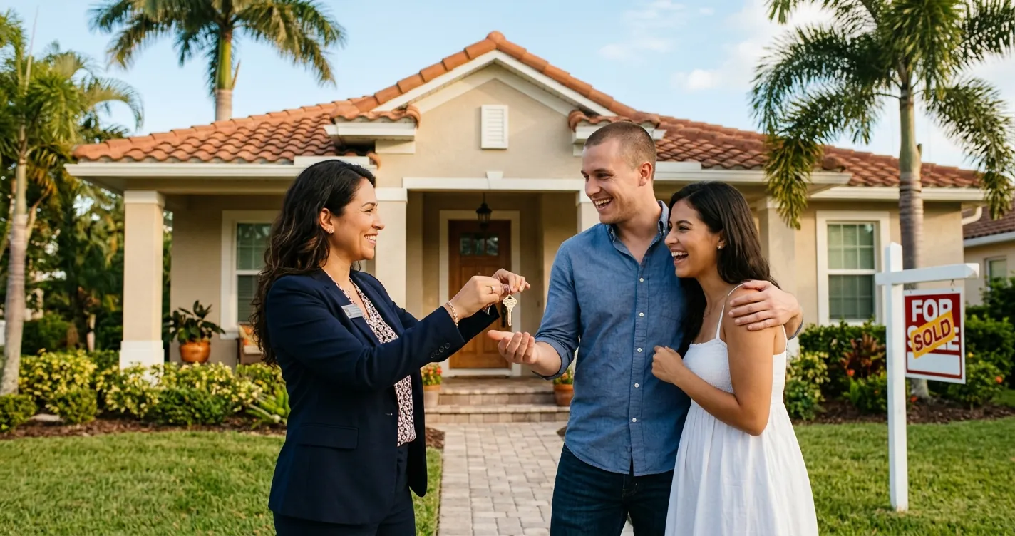 Agentes de bienes raíces hispanos en Orlando entregando las llaves de una casa a una familia latina en Florida
