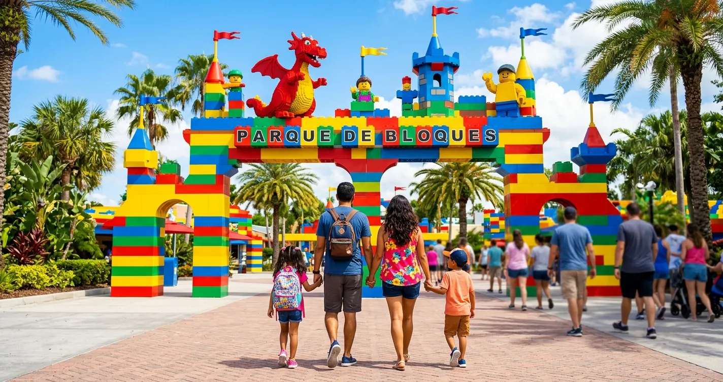 Parque LEGOLAND en Orlando: familia recorriendo las esculturas de bloques del parque en Winter Haven, Florida