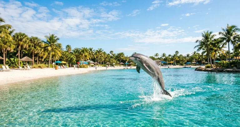 Nado con delfines en Orlando: delfín saltando en la laguna turquesa de Discovery Cove