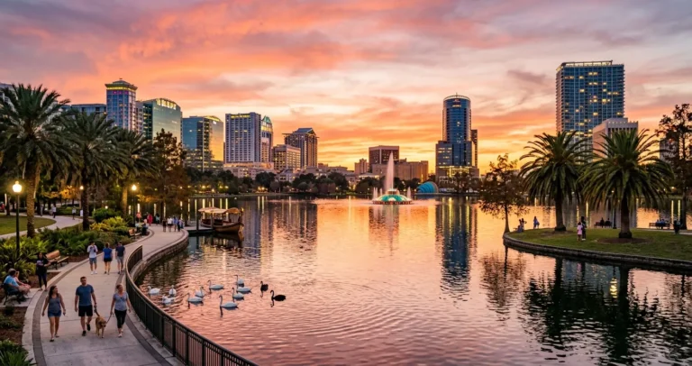 Qué hacer en Orlando aparte de los parques: lago y centro de la ciudad al atardecer