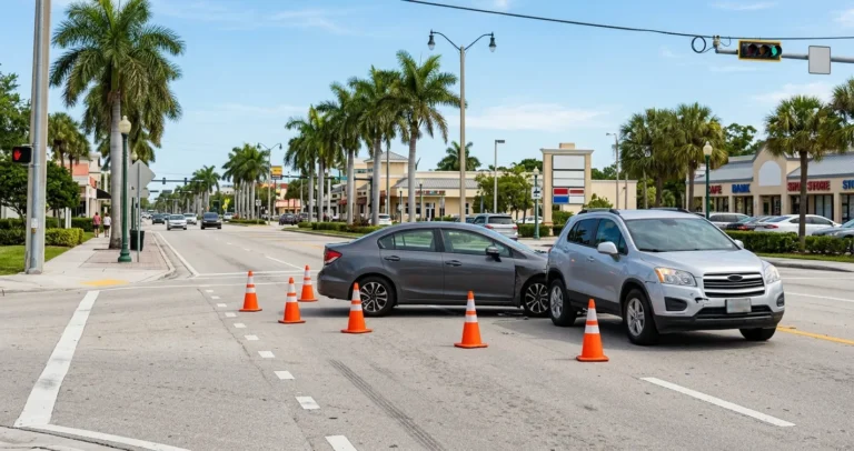 Abogados de accidentes de tráfico en Orlando - Intersección en Florida tras un choque de autos con conos de seguridad