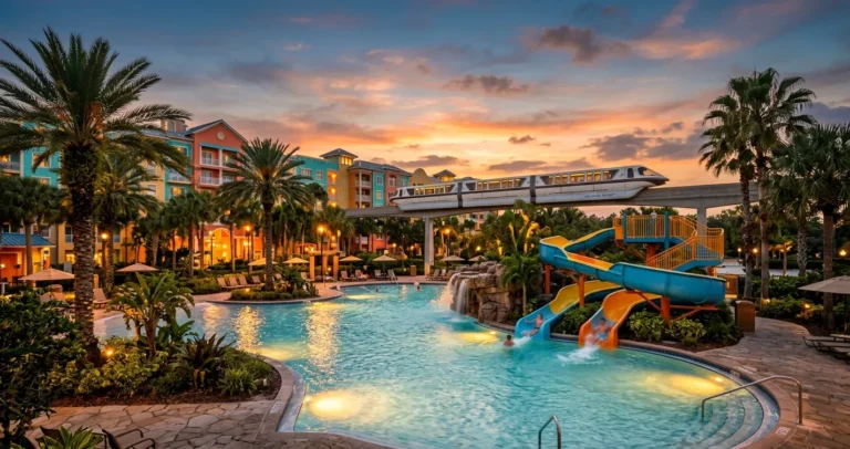 Hoteles dentro de Disneyworld en Orlando: resort con piscina temática y monorriel al atardecer