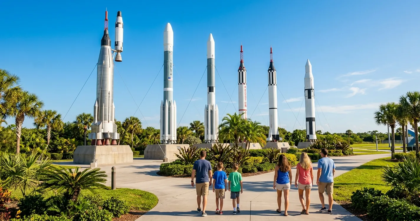Parque de la NASA en Orlando - cohetes históricos del Rocket Garden del Kennedy Space Center Visitor Complex en Florida