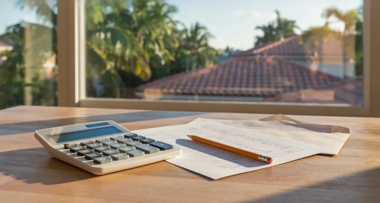 Refinanciamiento hipoteca Orlando Florida 2026: calculadora y documentos de cierre sobre una mesa con una casa de Florida al fondo