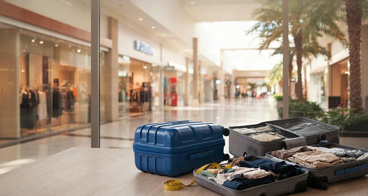 Maletas baratas en Orlando: maleta de cabina rígida y maleta de bodega abiertas con cinta métrica frente a un outlet de Florida en 2026