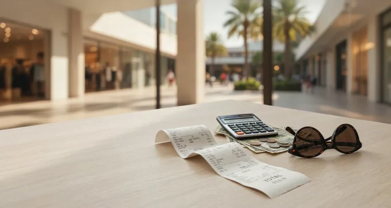 Sales tax Florida 2026: ticket de compra con el impuesto detallado junto a una calculadora y dólares sobre una mesa, con un outlet de Orlando al fondo