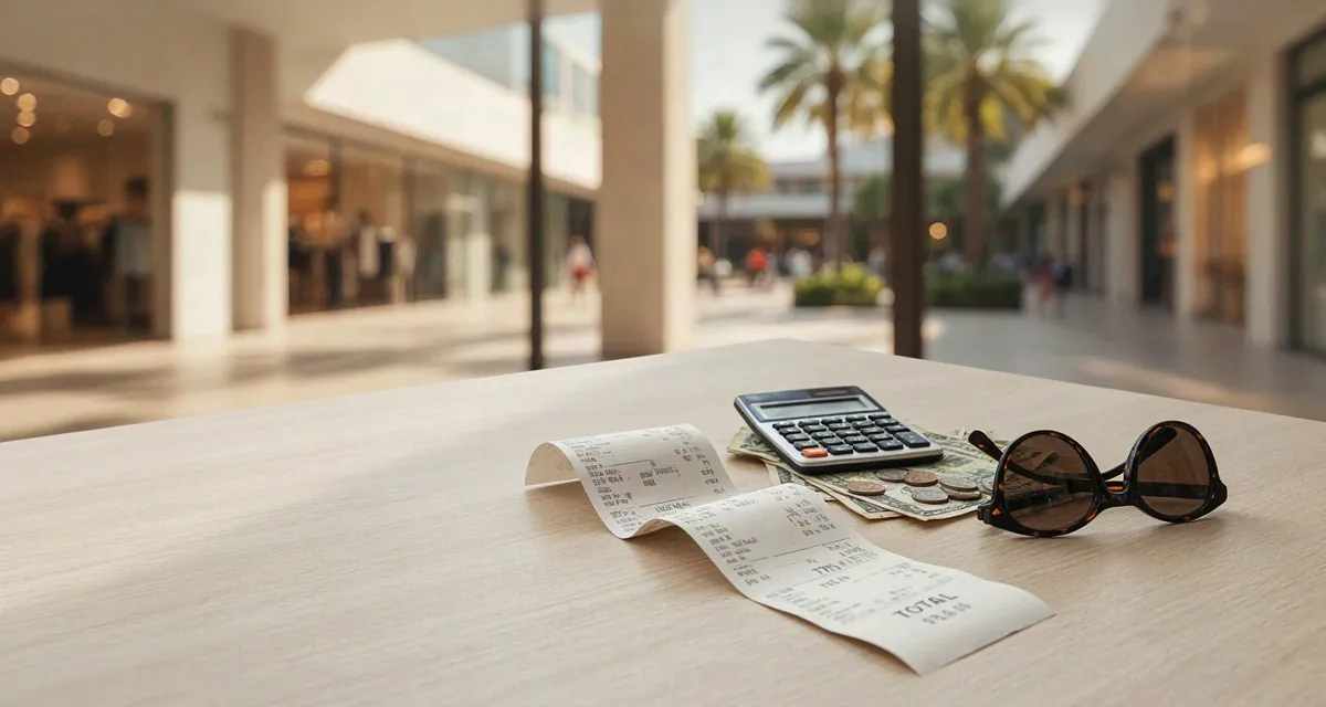 Sales tax Florida 2026: ticket de compra con el impuesto detallado junto a una calculadora y dólares sobre una mesa, con un outlet de Orlando al fondo