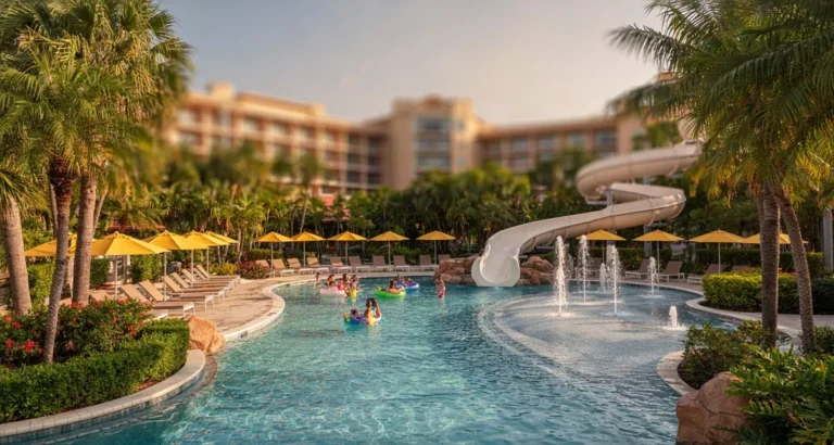 Hoteles con parques de agua en Orlando: tobogán y lazy river de un resort con piscina climatizada y familias con niños bajo el sol de Florida