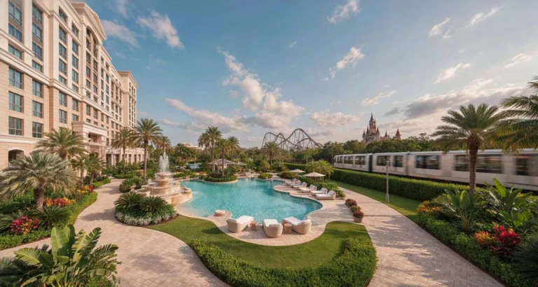 Hoteles en Orlando dentro de los parques: resort con piscina, palmeras y monorriel frente a las atracciones del complejo en Florida