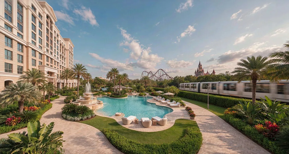 Hoteles en Orlando dentro de los parques: resort con piscina, palmeras y monorriel frente a las atracciones del complejo en Florida