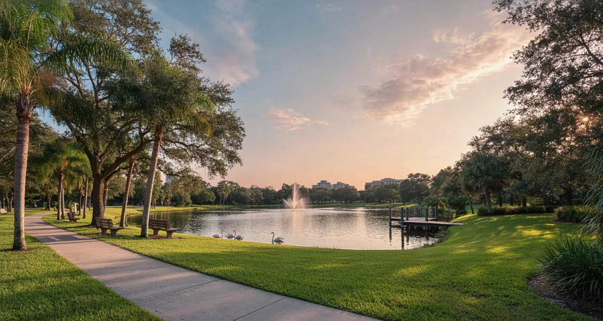 Parques recreativos en Orlando Florida: lago con fuente y cisnes, sendero pavimentado y árboles con sombra en un parque público gratis