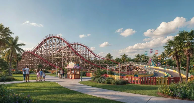Parques economicos en Orlando: familia recorriendo las atracciones de un parque de diversiones barato con montaña rusa de madera y go-karts