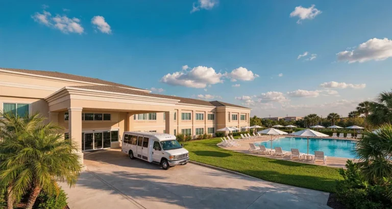 Hoteles en Orlando cerca de Disney: fachada con piscina y shuttle gratuito de un hotel de Kissimmee a minutos de los parques